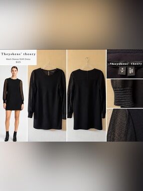 Theyskens' Theory Black Long-Sleeve Mesh Sleeve Shift Dress